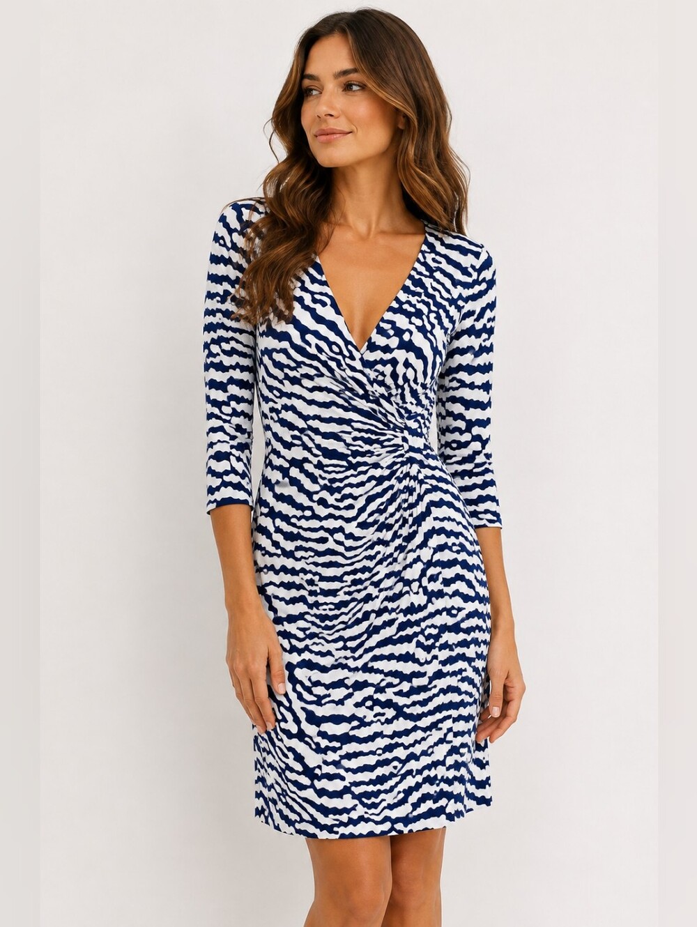 Laundry by Design Navy Blue White Faux Wrap Dress Abstract Zebra Print